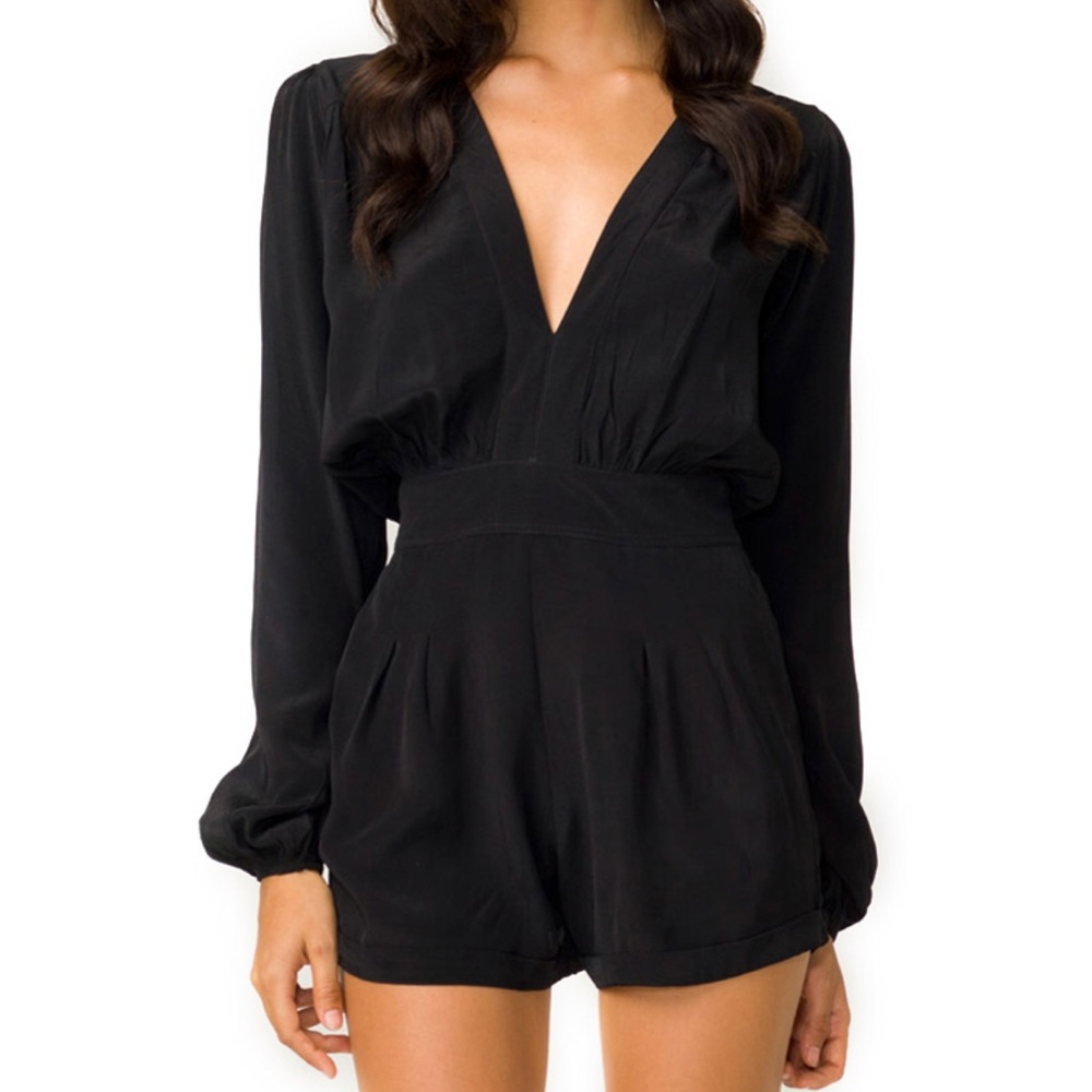 Motel Rocks Plunge Neck Satin Playsuit in Black
